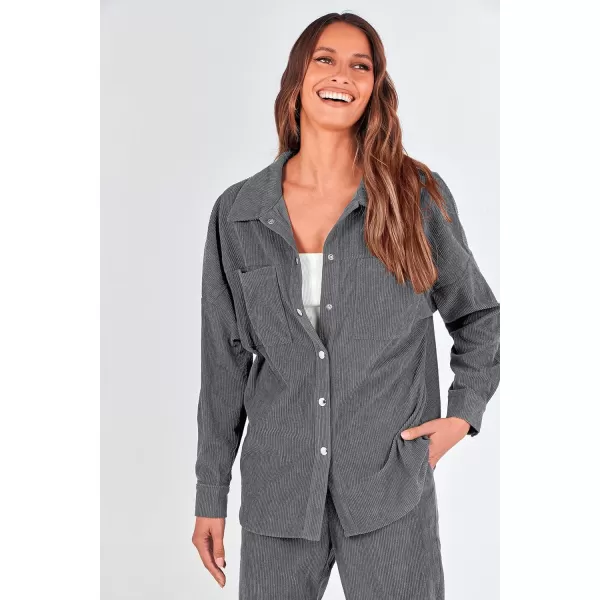 imagePRETTYGARDEN Womens 2 Piece Outfits Casual Corduroy Long Sleeve Button Down Jacket and Pants Tracksuit with PocketsGrey