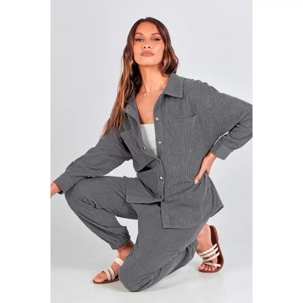 imagePRETTYGARDEN Womens 2 Piece Outfits Casual Corduroy Long Sleeve Button Down Jacket and Pants Tracksuit with PocketsGrey