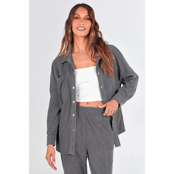 imagePRETTYGARDEN Womens 2 Piece Outfits Casual Corduroy Long Sleeve Button Down Jacket and Pants Tracksuit with PocketsGrey