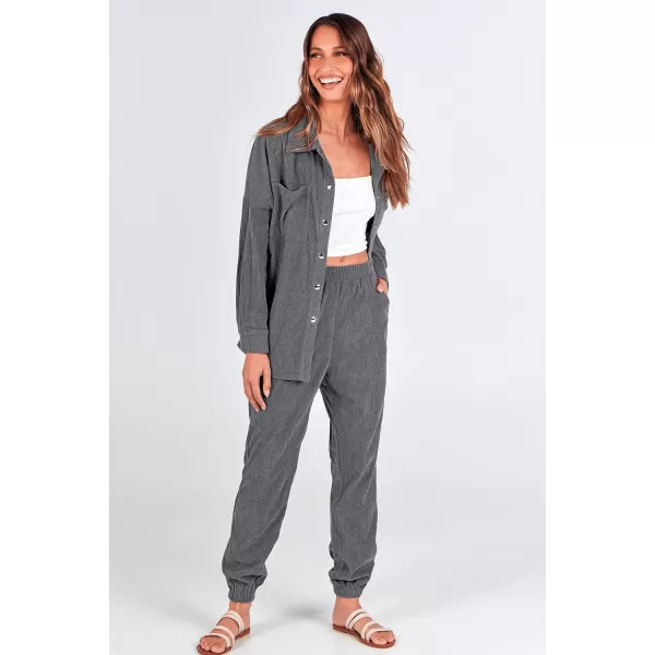 imagePRETTYGARDEN Womens 2 Piece Outfits Casual Corduroy Long Sleeve Button Down Jacket and Pants Tracksuit with PocketsGrey