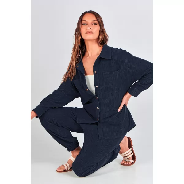 imagePRETTYGARDEN Womens 2 Piece Outfits Casual Corduroy Long Sleeve Button Down Jacket and Pants Tracksuit with PocketsNavy