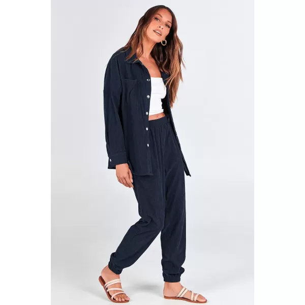 imagePRETTYGARDEN Womens 2 Piece Outfits Casual Corduroy Long Sleeve Button Down Jacket and Pants Tracksuit with PocketsNavy