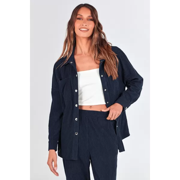 imagePRETTYGARDEN Womens 2 Piece Outfits Casual Corduroy Long Sleeve Button Down Jacket and Pants Tracksuit with PocketsNavy