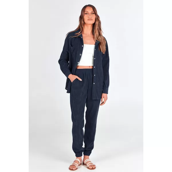 imagePRETTYGARDEN Womens 2 Piece Outfits Casual Corduroy Long Sleeve Button Down Jacket and Pants Tracksuit with PocketsNavy