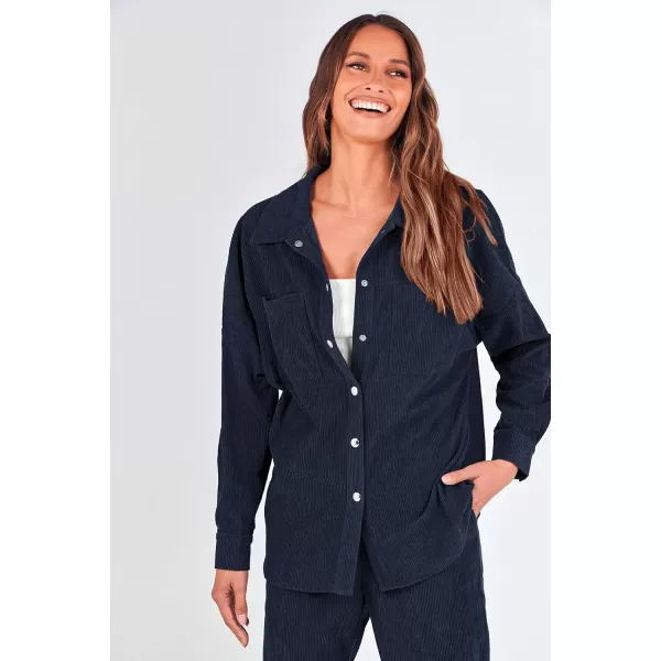 imagePRETTYGARDEN Womens 2 Piece Outfits Casual Corduroy Long Sleeve Button Down Jacket and Pants Tracksuit with PocketsNavy