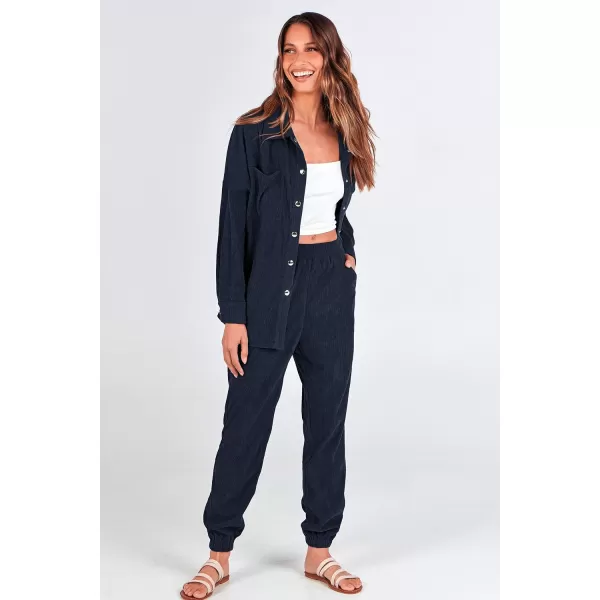 imagePRETTYGARDEN Womens 2 Piece Outfits Casual Corduroy Long Sleeve Button Down Jacket and Pants Tracksuit with PocketsNavy