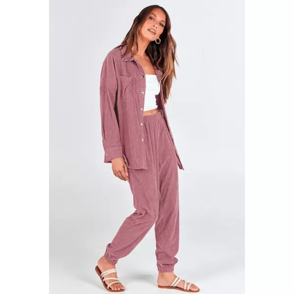 imagePRETTYGARDEN Womens 2 Piece Outfits Casual Corduroy Long Sleeve Button Down Jacket and Pants Tracksuit with PocketsPink