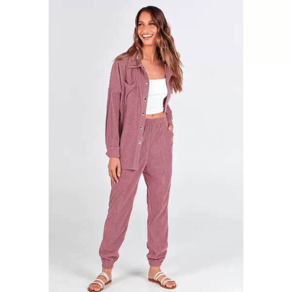 imagePRETTYGARDEN Womens 2 Piece Outfits Casual Corduroy Long Sleeve Button Down Jacket and Pants Tracksuit with PocketsPink