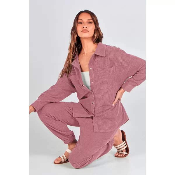 imagePRETTYGARDEN Womens 2 Piece Outfits Casual Corduroy Long Sleeve Button Down Jacket and Pants Tracksuit with PocketsPink