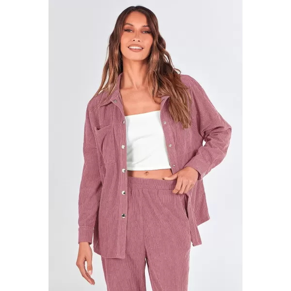 imagePRETTYGARDEN Womens 2 Piece Outfits Casual Corduroy Long Sleeve Button Down Jacket and Pants Tracksuit with PocketsPink