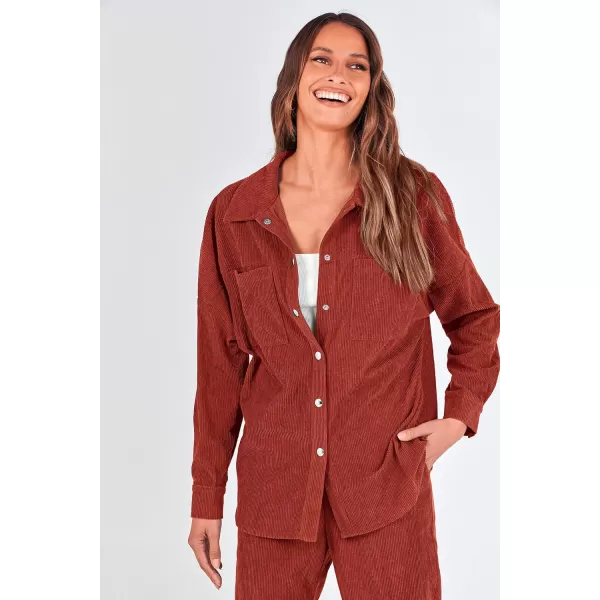 imagePRETTYGARDEN Womens 2 Piece Outfits Casual Corduroy Long Sleeve Button Down Jacket and Pants Tracksuit with PocketsRed Brown
