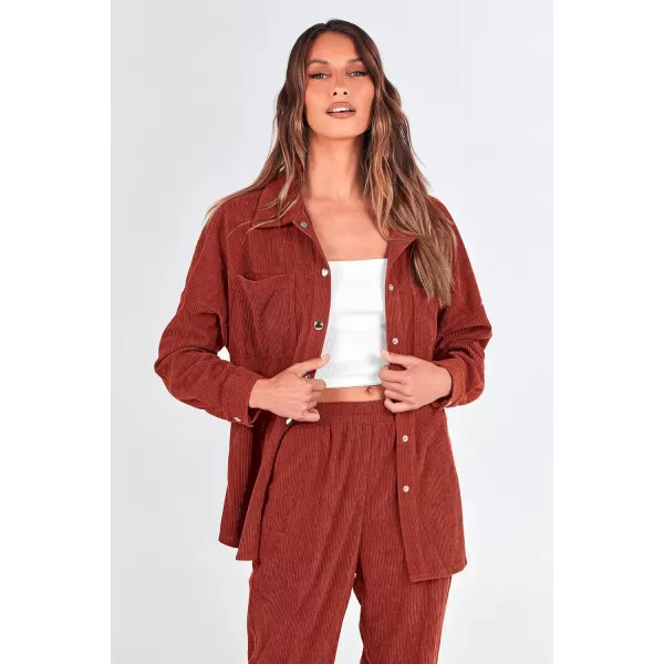 imagePRETTYGARDEN Womens 2 Piece Outfits Casual Corduroy Long Sleeve Button Down Jacket and Pants Tracksuit with PocketsRed Brown