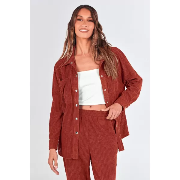 imagePRETTYGARDEN Womens 2 Piece Outfits Casual Corduroy Long Sleeve Button Down Jacket and Pants Tracksuit with PocketsRed Brown