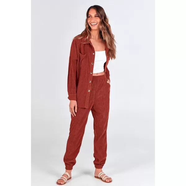 imagePRETTYGARDEN Womens 2 Piece Outfits Casual Corduroy Long Sleeve Button Down Jacket and Pants Tracksuit with PocketsRed Brown