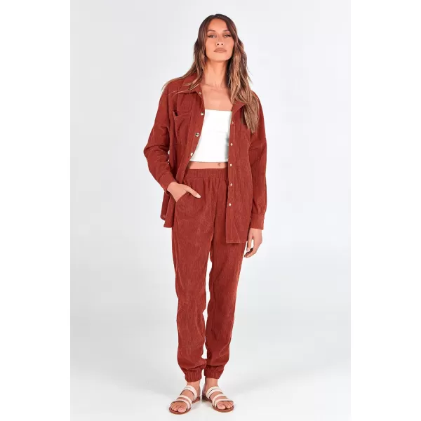 imagePRETTYGARDEN Womens 2 Piece Outfits Casual Corduroy Long Sleeve Button Down Jacket and Pants Tracksuit with PocketsRed Brown