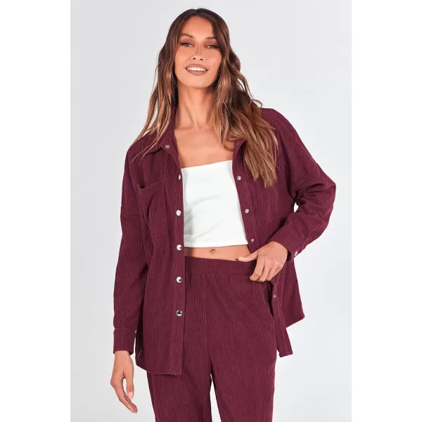 imagePRETTYGARDEN Womens 2 Piece Outfits Casual Corduroy Long Sleeve Button Down Jacket and Pants Tracksuit with PocketsWine Red