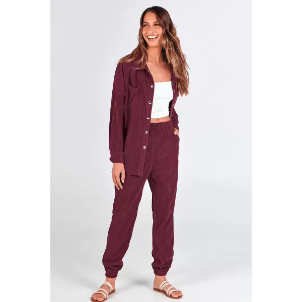 imagePRETTYGARDEN Womens 2 Piece Outfits Casual Corduroy Long Sleeve Button Down Jacket and Pants Tracksuit with PocketsWine Red