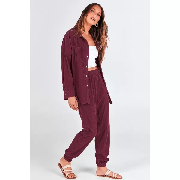imagePRETTYGARDEN Womens 2 Piece Outfits Casual Corduroy Long Sleeve Button Down Jacket and Pants Tracksuit with PocketsWine Red