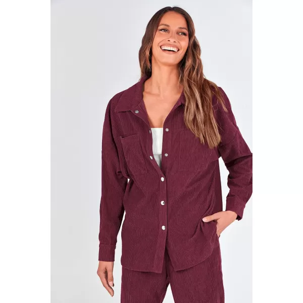 imagePRETTYGARDEN Womens 2 Piece Outfits Casual Corduroy Long Sleeve Button Down Jacket and Pants Tracksuit with PocketsWine Red