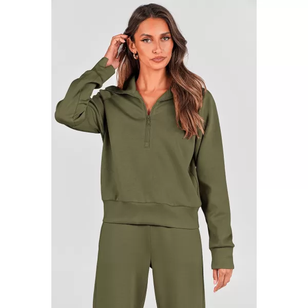 imagePRETTYGARDEN Womens 2 Piece Outfits Casual Lapel Half Zip Sweatshirts And Wide Leg Pants Tracksuit SetsArmy Green
