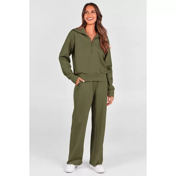 imagePRETTYGARDEN Womens 2 Piece Outfits Casual Lapel Half Zip Sweatshirts And Wide Leg Pants Tracksuit SetsArmy Green