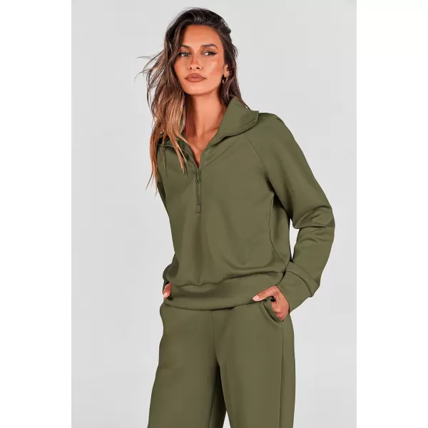 imagePRETTYGARDEN Womens 2 Piece Outfits Casual Lapel Half Zip Sweatshirts And Wide Leg Pants Tracksuit SetsArmy Green