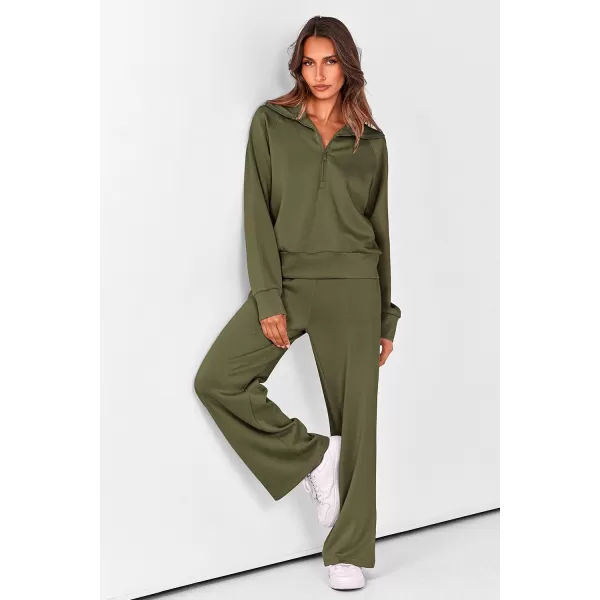 imagePRETTYGARDEN Womens 2 Piece Outfits Casual Lapel Half Zip Sweatshirts And Wide Leg Pants Tracksuit SetsArmy Green
