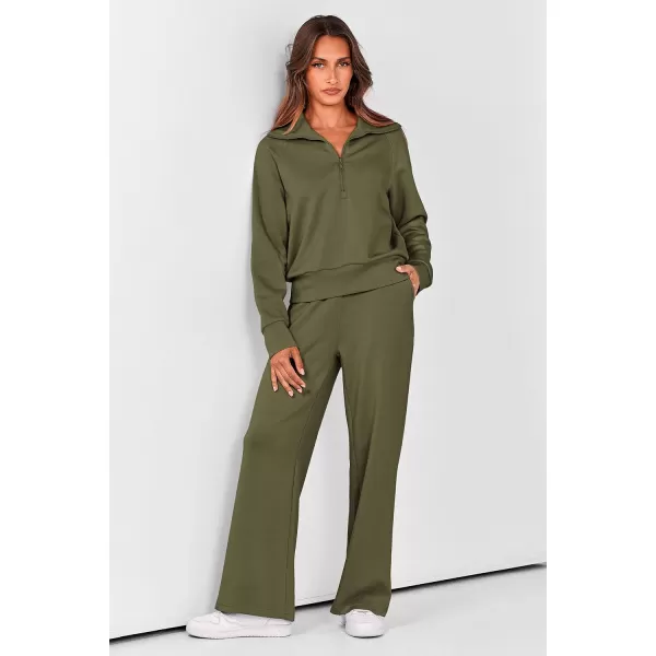 imagePRETTYGARDEN Womens 2 Piece Outfits Casual Lapel Half Zip Sweatshirts And Wide Leg Pants Tracksuit SetsArmy Green