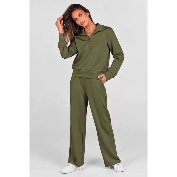 imagePRETTYGARDEN Womens 2 Piece Outfits Casual Lapel Half Zip Sweatshirts And Wide Leg Pants Tracksuit SetsArmy Green