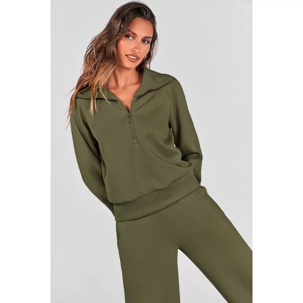 imagePRETTYGARDEN Womens 2 Piece Outfits Casual Lapel Half Zip Sweatshirts And Wide Leg Pants Tracksuit SetsArmy Green