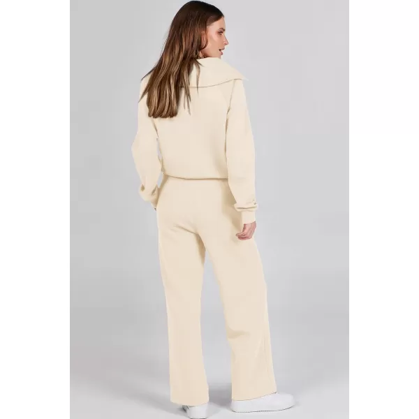 imagePRETTYGARDEN Womens 2 Piece Outfits Casual Lapel Half Zip Sweatshirts And Wide Leg Pants Tracksuit SetsBeige