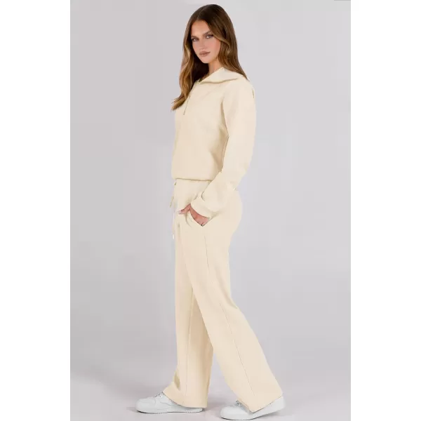 imagePRETTYGARDEN Womens 2 Piece Outfits Casual Lapel Half Zip Sweatshirts And Wide Leg Pants Tracksuit SetsBeige