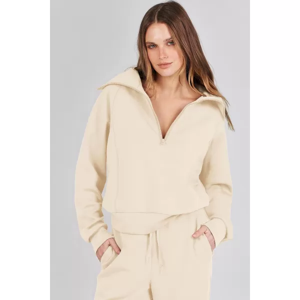 imagePRETTYGARDEN Womens 2 Piece Outfits Casual Lapel Half Zip Sweatshirts And Wide Leg Pants Tracksuit SetsBeige