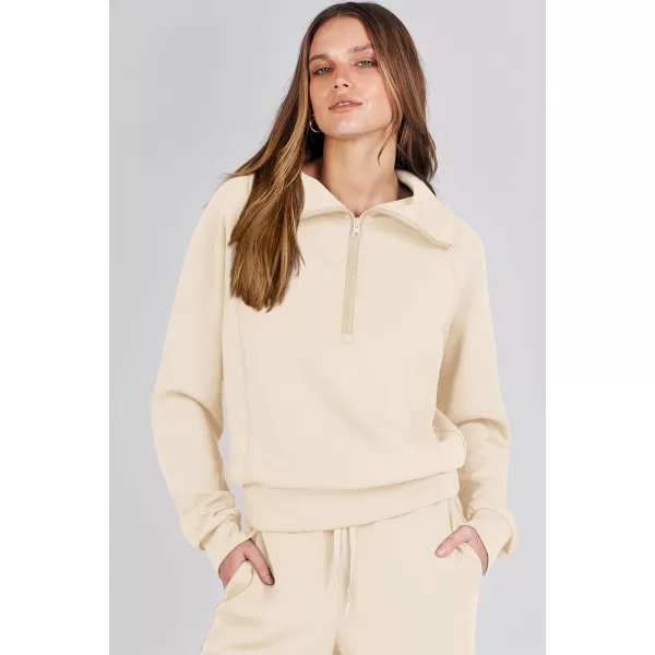 imagePRETTYGARDEN Womens 2 Piece Outfits Casual Lapel Half Zip Sweatshirts And Wide Leg Pants Tracksuit SetsBeige