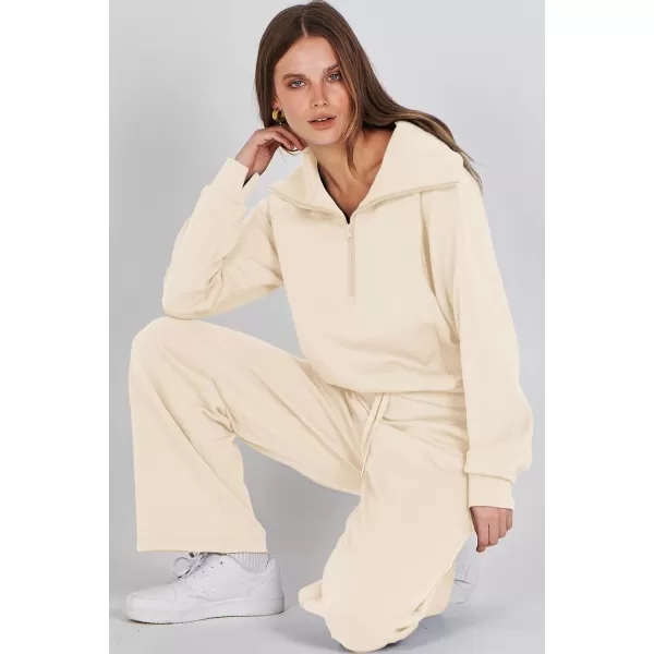 imagePRETTYGARDEN Womens 2 Piece Outfits Casual Lapel Half Zip Sweatshirts And Wide Leg Pants Tracksuit SetsBeige