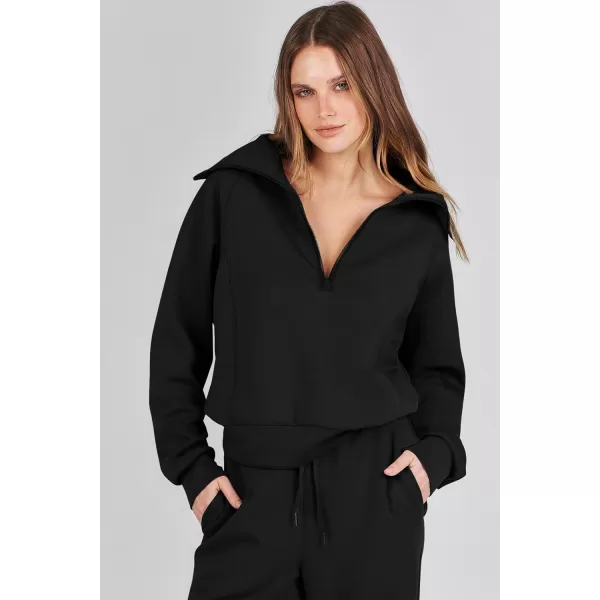 imagePRETTYGARDEN Womens 2 Piece Outfits Casual Lapel Half Zip Sweatshirts And Wide Leg Pants Tracksuit SetsBlack