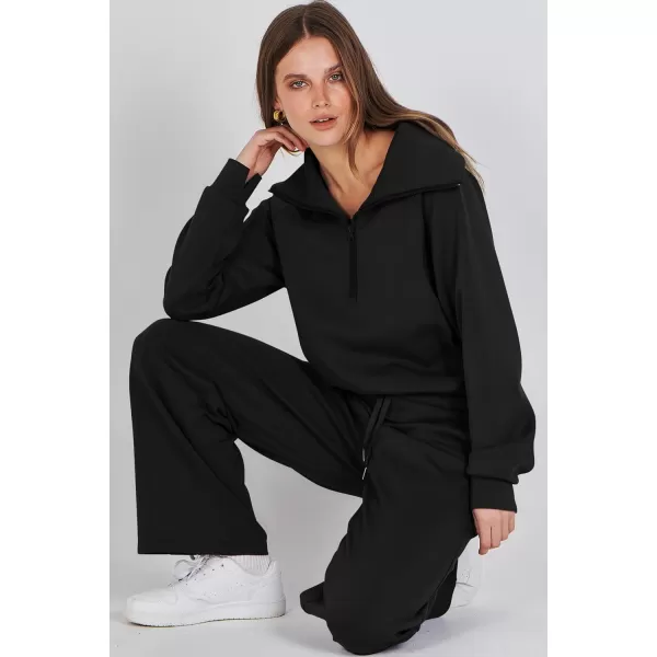 imagePRETTYGARDEN Womens 2 Piece Outfits Casual Lapel Half Zip Sweatshirts And Wide Leg Pants Tracksuit SetsBlack