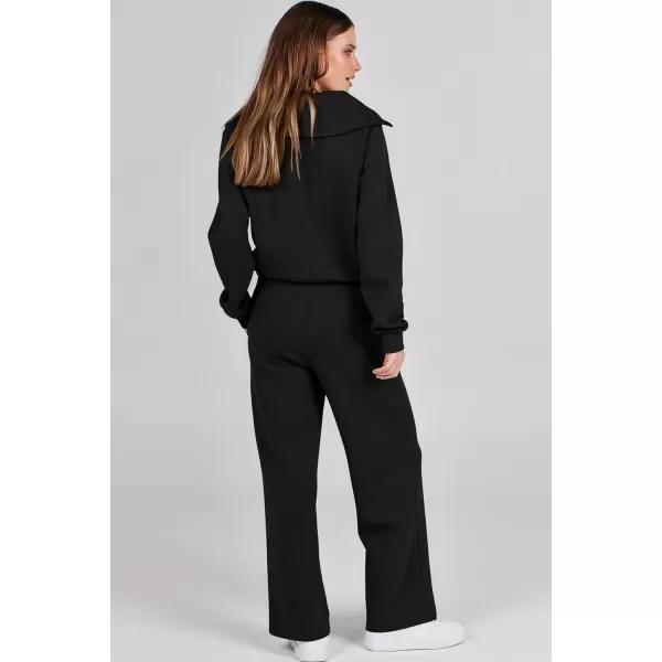 imagePRETTYGARDEN Womens 2 Piece Outfits Casual Lapel Half Zip Sweatshirts And Wide Leg Pants Tracksuit SetsBlack