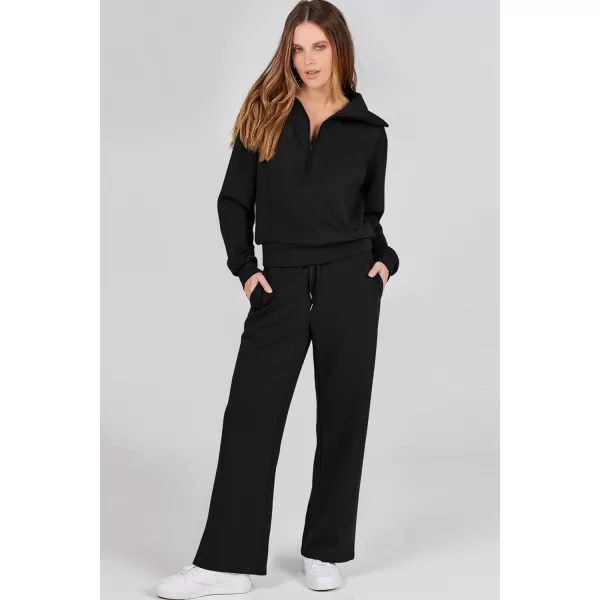 imagePRETTYGARDEN Womens 2 Piece Outfits Casual Lapel Half Zip Sweatshirts And Wide Leg Pants Tracksuit SetsBlack