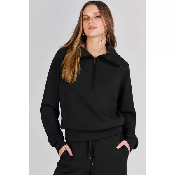 imagePRETTYGARDEN Womens 2 Piece Outfits Casual Lapel Half Zip Sweatshirts And Wide Leg Pants Tracksuit SetsBlack
