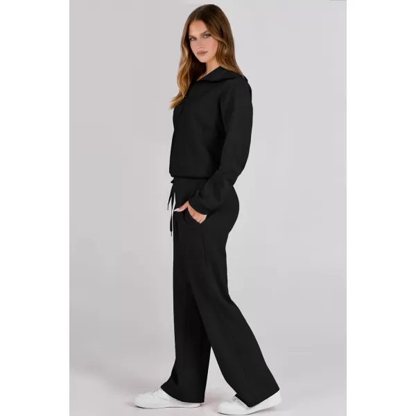 imagePRETTYGARDEN Womens 2 Piece Outfits Casual Lapel Half Zip Sweatshirts And Wide Leg Pants Tracksuit SetsBlack