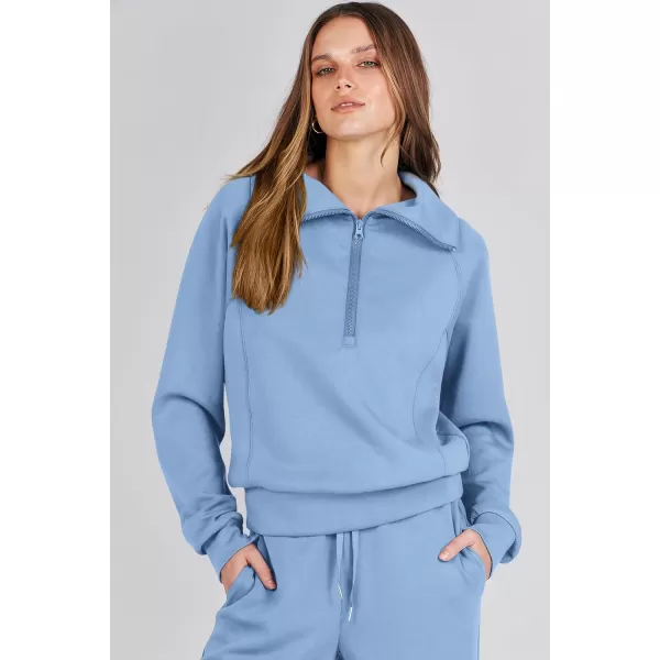 imagePRETTYGARDEN Womens 2 Piece Outfits Casual Lapel Half Zip Sweatshirts And Wide Leg Pants Tracksuit SetsBlue