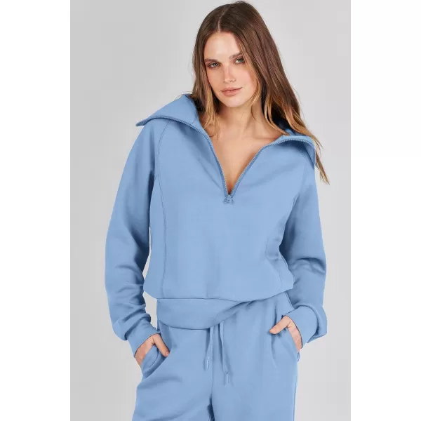 imagePRETTYGARDEN Womens 2 Piece Outfits Casual Lapel Half Zip Sweatshirts And Wide Leg Pants Tracksuit SetsBlue