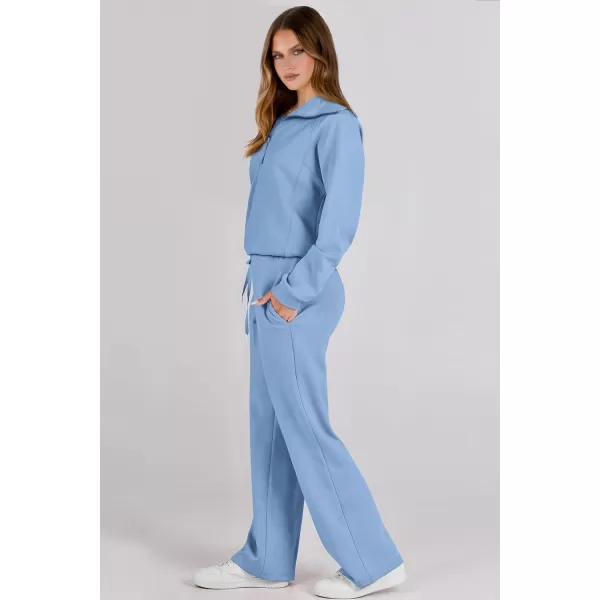 imagePRETTYGARDEN Womens 2 Piece Outfits Casual Lapel Half Zip Sweatshirts And Wide Leg Pants Tracksuit SetsBlue