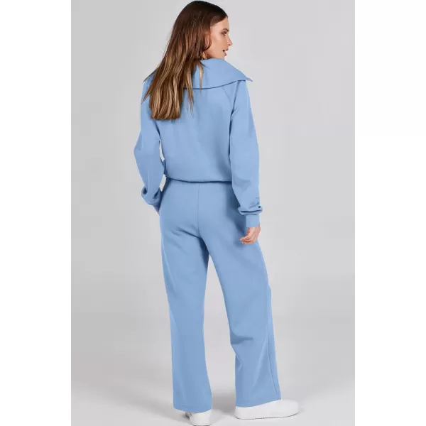 imagePRETTYGARDEN Womens 2 Piece Outfits Casual Lapel Half Zip Sweatshirts And Wide Leg Pants Tracksuit SetsBlue