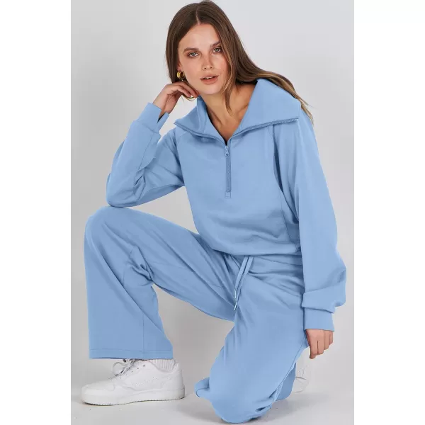 imagePRETTYGARDEN Womens 2 Piece Outfits Casual Lapel Half Zip Sweatshirts And Wide Leg Pants Tracksuit SetsBlue
