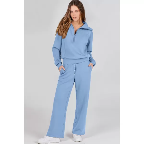 imagePRETTYGARDEN Womens 2 Piece Outfits Casual Lapel Half Zip Sweatshirts And Wide Leg Pants Tracksuit SetsBlue
