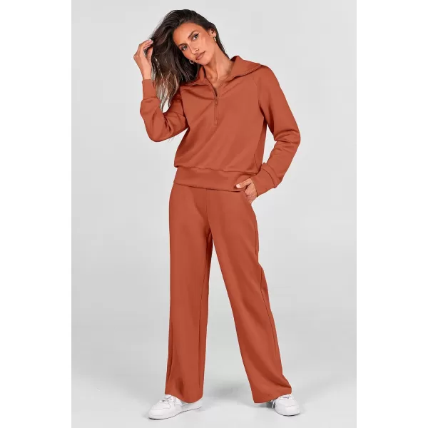 imagePRETTYGARDEN Womens 2 Piece Outfits Casual Lapel Half Zip Sweatshirts And Wide Leg Pants Tracksuit SetsBrick Red