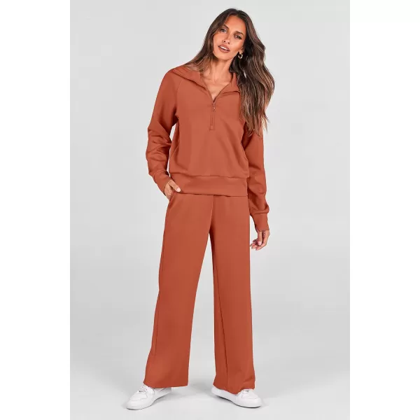 imagePRETTYGARDEN Womens 2 Piece Outfits Casual Lapel Half Zip Sweatshirts And Wide Leg Pants Tracksuit SetsBrick Red