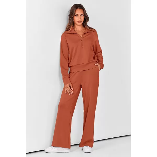 imagePRETTYGARDEN Womens 2 Piece Outfits Casual Lapel Half Zip Sweatshirts And Wide Leg Pants Tracksuit SetsBrick Red